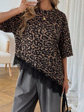 Multicolor Casual Women's Leopard Print Lace Patchwork Short Sleeve T-Shirt